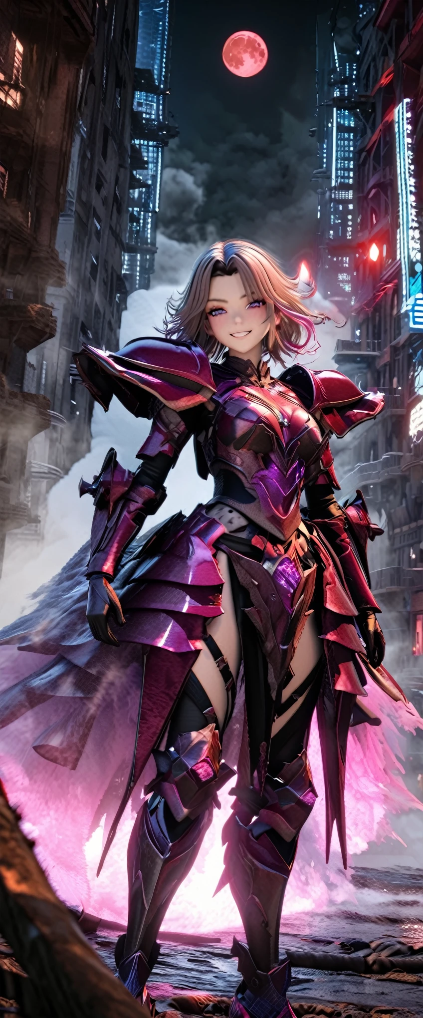 best quality, super fine, 16k, incredibly absurdres, extremely detailed, 3D, delicate and dynamic, ruthless, cool and beautiful female warrior, shining iridescent clairvoyance, rainbow-colored messy wavy short hair, captivating look, aroused expression, teasing smile, grin, lewd smile, heavy armor, heavy beam gun, ominous aura swirls effects, background abandoned city, big red full moon, exposed steel beams, flying glass, sparks, smoke, fog, eerie atmospheric colors, slow-motion effects, dark fantasy