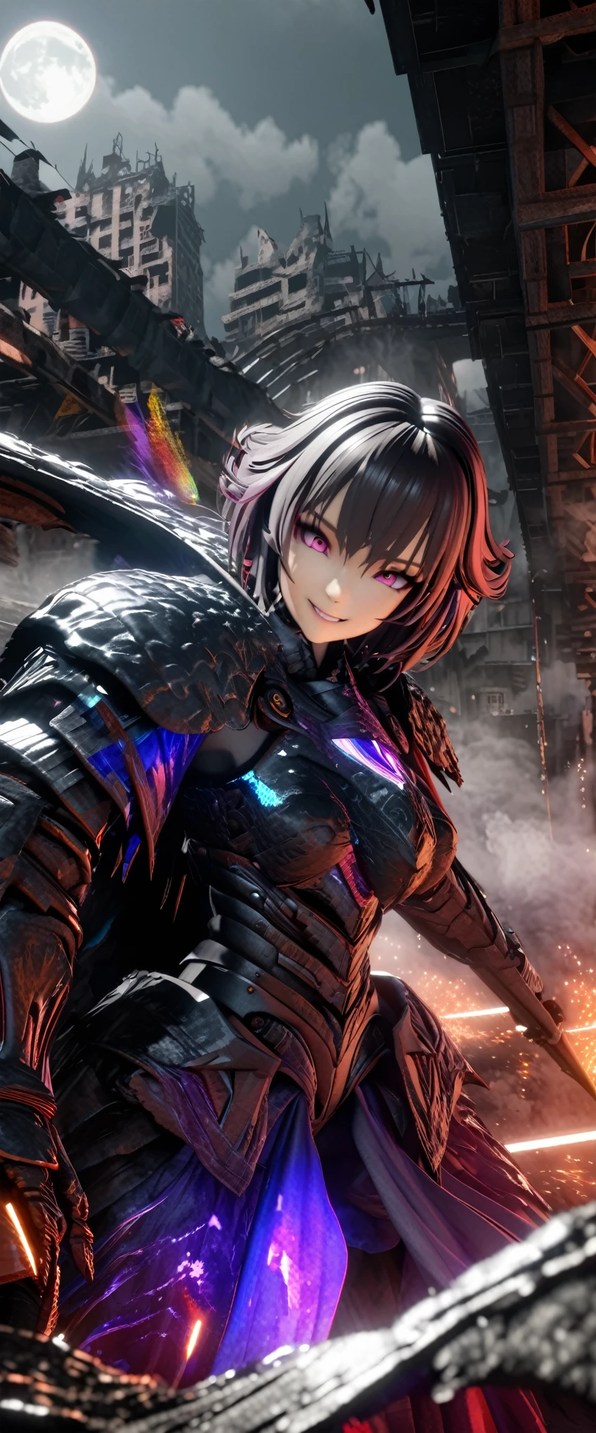 best quality, super fine, 16k, incredibly absurdres, extremely detailed, 3D, delicate and dynamic, ruthless, cool and beautiful female warrior, shining iridescent clairvoyance, rainbow-colored messy wavy short hair, captivating look, aroused expression, teasing smile, grin, lewd smile, heavy armor, heavy beam gun, ominous aura swirls effects, background abandoned city, big red full moon, exposed steel beams, flying glass, sparks, smoke, fog, eerie atmospheric colors, slow-motion effects, dark fantasy