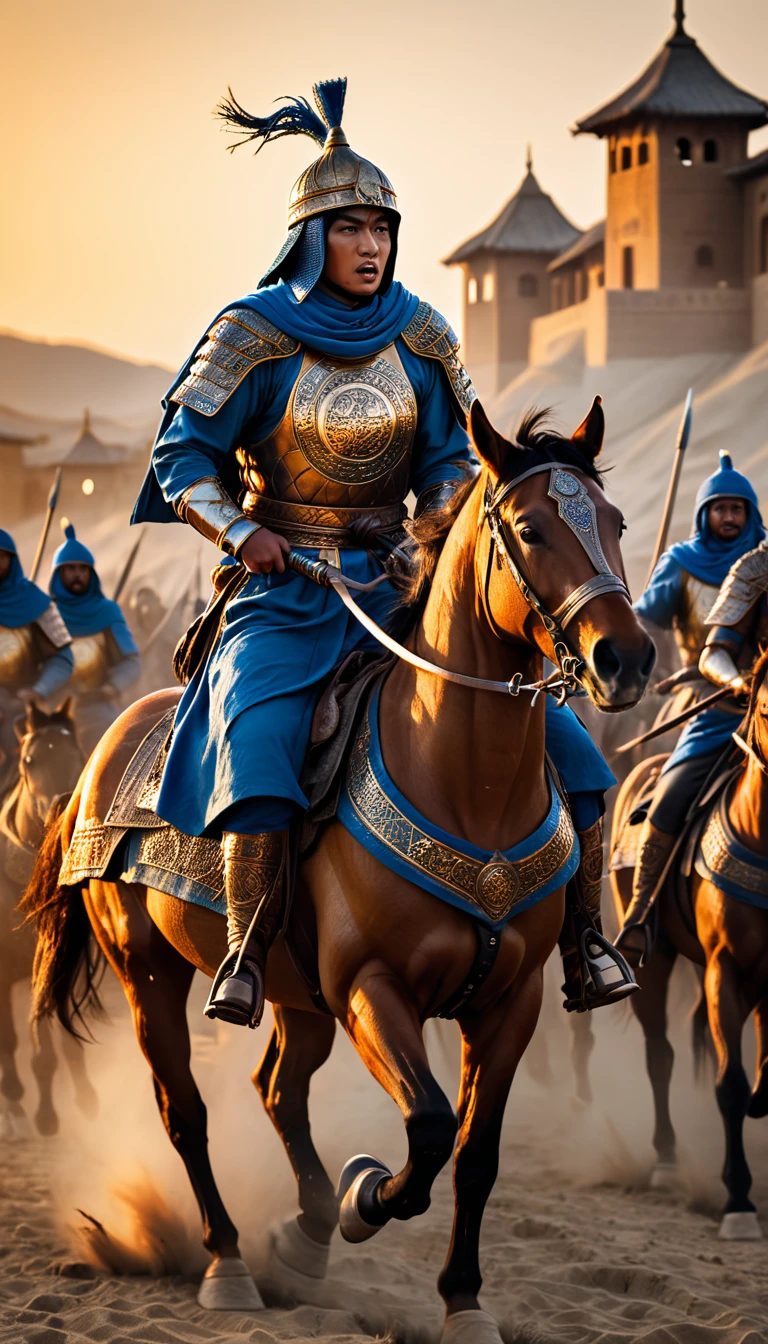 As the sun began to set, The warm golden hues of the sun illuminated his ornate attire, casting a warm glow across the area, Dramatic scene of Mamluk cavalry charging against the Mongol forces, background dark, hyper realistic, ultra detailed hyper realistic, photorealistic, Studio Lighting, reflections, dynamic pose, Cinematic, Color Grading, Photography, Shot on 50mm lens, Ultra-Wide Angle, Depth of Field, hyper-detailed, beautifully color, 8k,