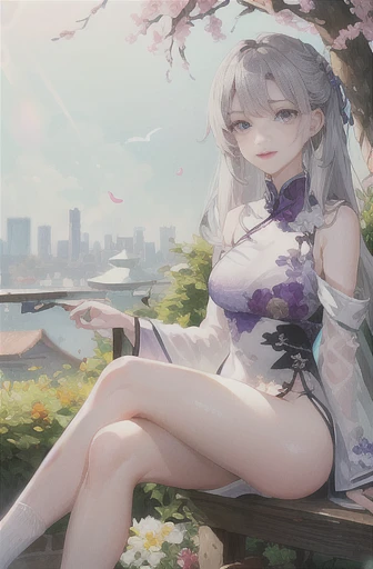 masterpiece, Excellent, daytime, outdoor, Falling Flowers, Branches, China人, China, 1 girl, Perfect Woman, Woman with long silver hair, Gray blue eyes, Light pink lips, Serious, ,Purple Eyes, White clothes, , Delicate face, Delicate face, Sitting Legs, Smile