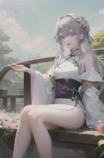 masterpiece, Excellent, daytime, outdoor, Falling Flowers, Branches, China人, China, 1 girl, Perfect Woman, Woman with long silver hair, Gray blue eyes, Light pink lips, Serious, ,Purple Eyes, White clothes, , Delicate face, Delicate face, Sitting Legs, Smile