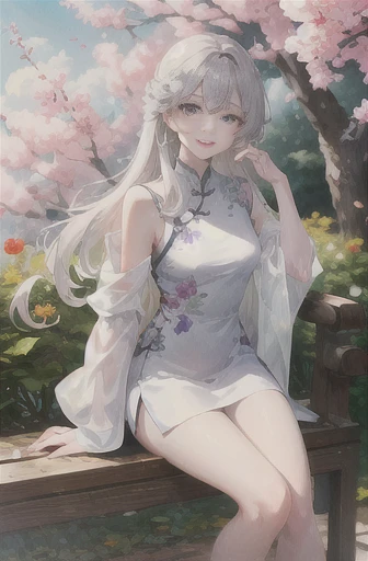 masterpiece, Excellent, daytime, outdoor, Falling Flowers, Branches, China人, China, 1 girl, Perfect Woman, Woman with long silver hair, Gray blue eyes, Light pink lips, Serious, ,Purple Eyes, White clothes, , Delicate face, Delicate face, Sitting Legs, Smile