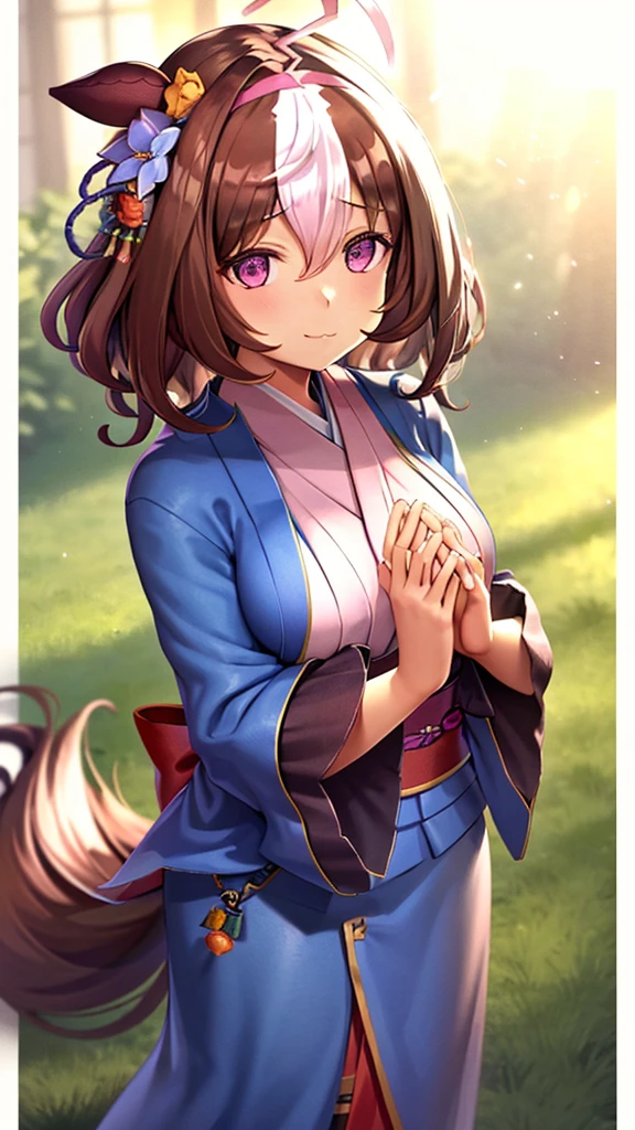 1girl, solo, long hair, looking at viewer, smile, bangs, hair ornament, ribbon, closed mouth, hair ribbon, flower, ahoge, japanese clothes, hair flower, kimono, parted bangs, traditional media, own hands together, praying,