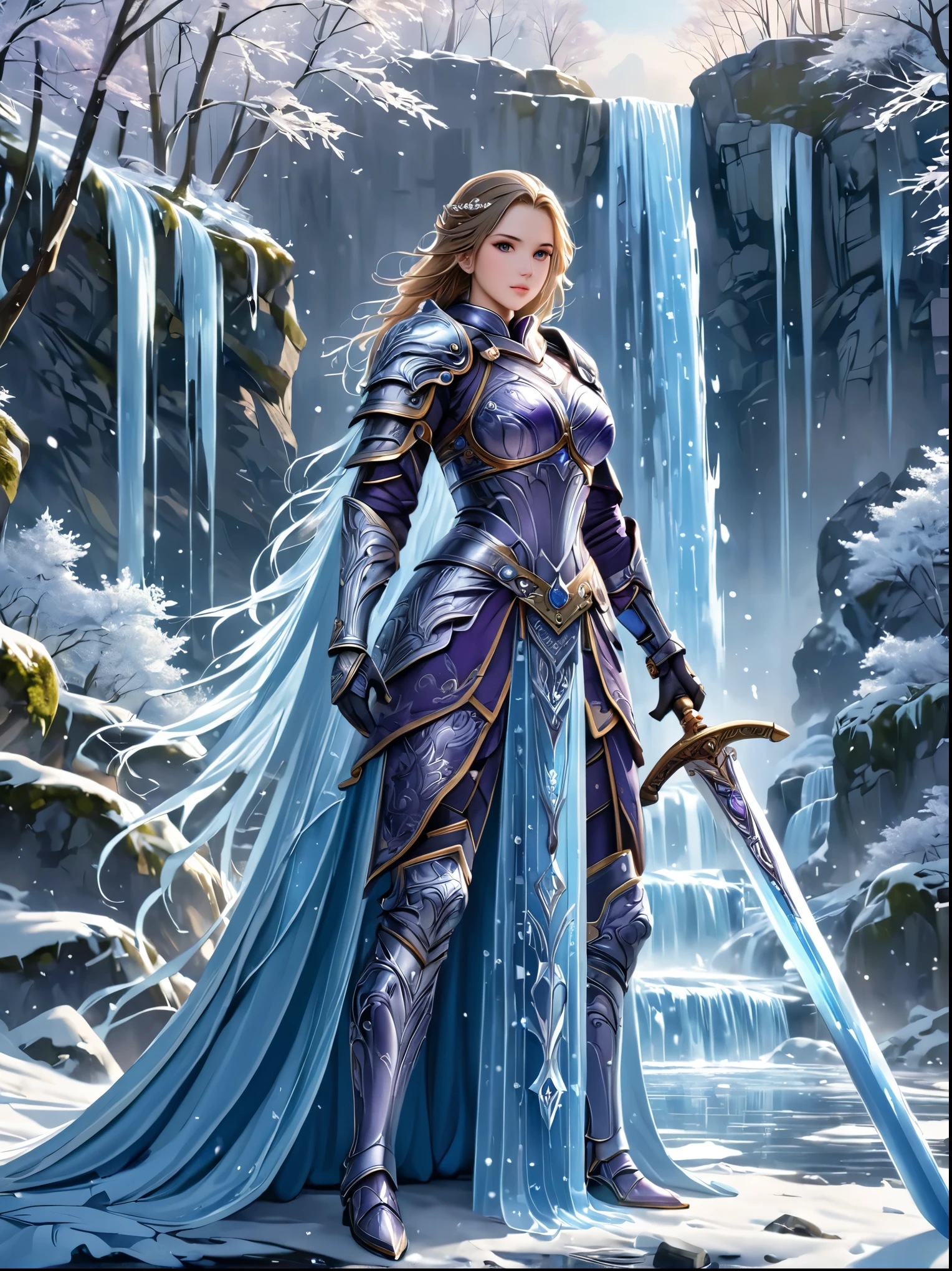 Fantasy World，Elegant female warrior，Dressed in stunning armor and costumes，Ice blue and silver，Decorated with intricate frost patterns，Gorgeous design，Wields a huge and beautiful two-handed greatsword，Cold and crystal，Her hair is a waterfall of noble silver，Dark purple eyes，full-body shot，Cartoon Style，Super Detail，Anatomically correct, masterpiece, accurate, textured skin, super detail, high details, award winning, 8k