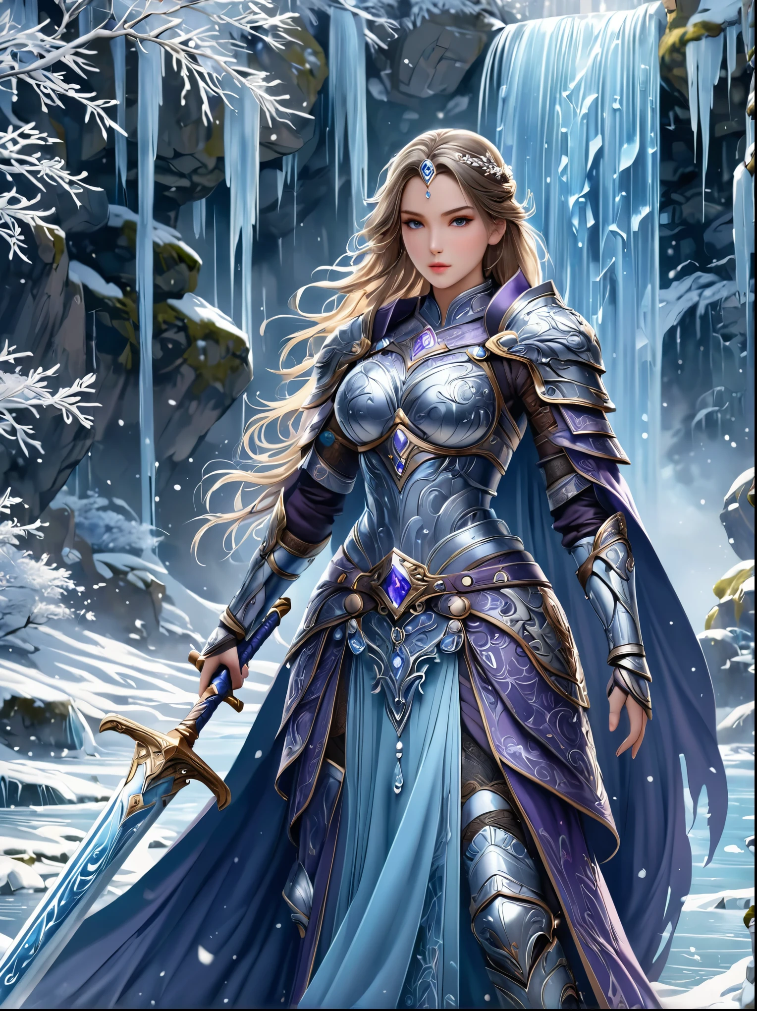 Fantasy World，Elegant female warrior，Dressed in stunning armor and costumes，Ice blue and silver，Decorated with intricate frost patterns，Gorgeous design，Wields a huge and beautiful two-handed greatsword，Cold and crystal，Her hair is a waterfall of noble silver，Dark purple eyes，full-body shot，Cartoon Style，Super Detail，Anatomically correct, masterpiece, accurate, textured skin, super detail, high details, award winning, 8k