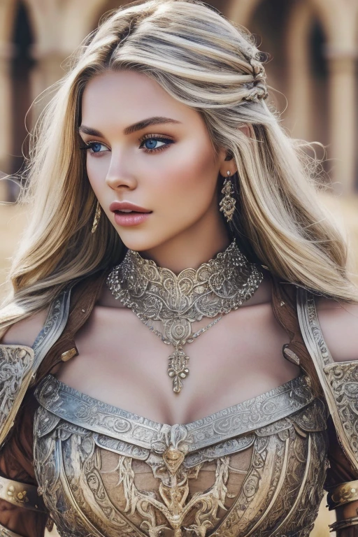 One Girl, 19 years old, alone, Long Hair, Perfect Face、Sensual Body、Accurate anatomy、Huge breasts , View Viewer, Thick braided blonde hair, Exposing shoulders, Brown eyes, gem, whole body, necklace, Off the shoulder, Intricately carved metal armor、 Realistic, Glamour
