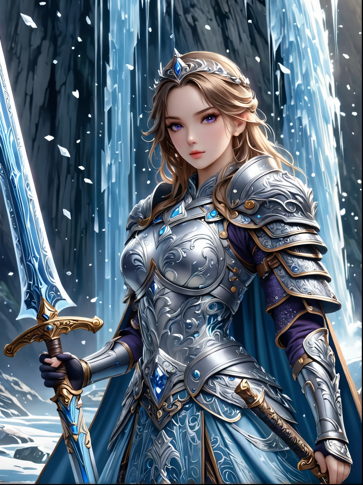 Fantasy World,Elegant female warrior,Dressed in stunning armor and costumes,Ice blue and silver,Decorated with intricate frost patterns,Gorgeous design,Wields a huge and beautiful two-handed greatsword,Cold and crystal,Her hair is a waterfall of noble silver,Dark purple eyes,full-body shot,Cartoon Style,Super Detail,Anatomically correct, masterpiece, accurate, textured skin, super detail, high details, award winning, 8k