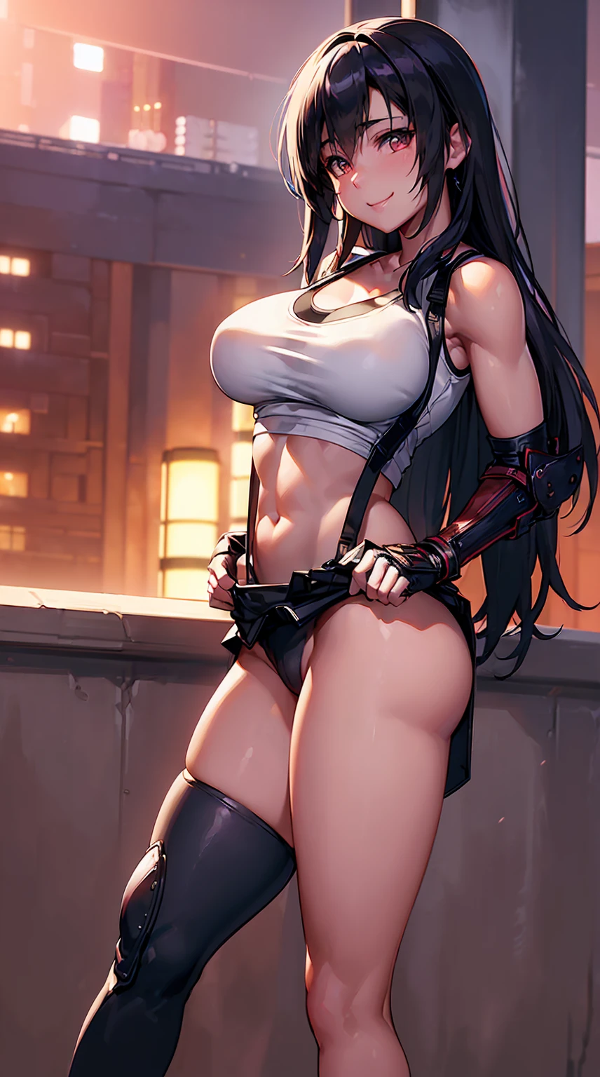 Fullback panties、(8k, highest quality, masterpiece: 1.2), (Realistic, Realistic: 1.37), Super detailed, One Girl, cute, solo, (Tifa Lockhart: 1.3), (16yo), (Beautiful Eyes), (smile: 1.2), neon, Cityscape, Depth of written boundary, Dark strong shadows, Sharp Focus, car, Depth of written boundary, composition, Final Fantasy VII, Date, (Nose brush), Single Elbow Pad, Ankle boots, Black Hair, (Black short skirt), BDSM: 1.4, Red Boots, Elbow hand pockets, Partially fingerless gloves, Tight shirt, Play sports often, (black leather skirt with suspenders), Chee Hai, (((White tank top: 1.3)), Full Body, Headrest, lips, Beautiful Face, long hair with a low tie,, (at night: 1.3), Complex, Cinema Lighting, Photon Mapping, Radio City, Physically Based Rendering, (Tetsuya Nomura Style),(Big Breasts, Big Breasts, Narrow waist),big hit: 1.4,((Sexy panties)),(Small face),(Dirty body:1.4),Standing posture, (Big Breasts, Protruding:1.5) make out, (smile: 1.2), (Focus on the buttocks: 1.5), From below, (Leaning forward), (Protruding buttocks: 1.3), (Backwards: 1.5),