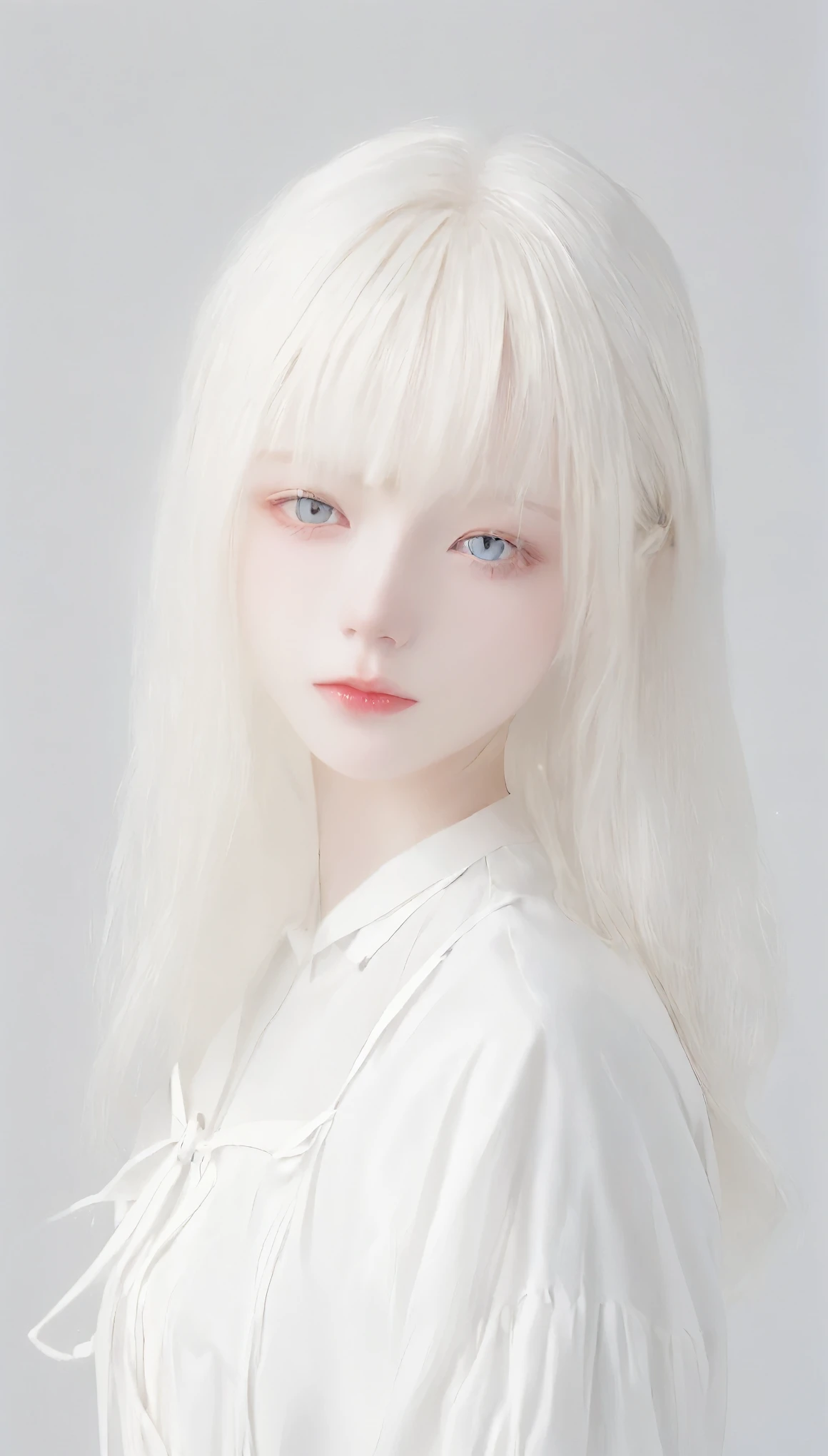 (((White Background:1.3)))、(((1 albino girl、Cute Face、pretty girl))), ,(((The eyes are white:1.3)))、White Dress、((White shirt:1.3、White Block Dress)), Tyndall effect, Realistic, Shadow Studio,ultramarine、illumination, Dual tone illumination, (Skin with attention to detail: 1.2)、薄Dark illumination、Dark illumination、 photograph, High resolution, 4K, 8k, Background Blur,Beautiful fade out、White world、White Background