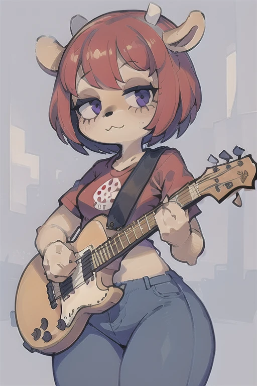 1girl, lammy, furry, red hair, short hair, horns, red shirt, dark purple eyes, tanned, blue jeans, midriff, holding guitar