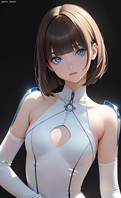 (Photorealistic:1.4)、(,20-year-old:1.5),(masterpiece、Blue Lens Filter:1.5、Blue lens flare:1.5、spot light:1.2、Exquisite beautiful eye:1.5,portlate),(kind eyes、tareme:1.9),(deep shadows:1.5)、Cute Face、 3D Face、(light brown hair:1.5)、(pixie cut),(sidelock :1.5),(blunt bangs:1.3),(1 woman)、(Blue eyes:1.2)、(upper body:1.5)、(clear face:1.5)、(head tilt) ,(Cute face:1.2),(flat chest),(),kind face,(white Bodysuit with cut out),(black background:1.5)、()、()、 Neat and clean、Adorable、Demure,Slim Body(),Shiny Hair、()、Nijisketch,Manga,