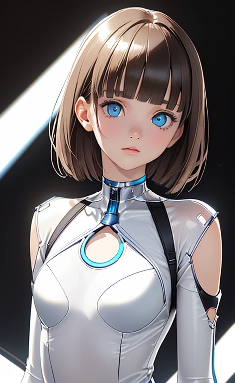(Photorealistic:1.4)、(,20-year-old:1.5),(masterpiece、Blue Lens Filter:1.5、Blue lens flare:1.5、spot light:1.2、Exquisite beautiful eye:1.5,portlate),(kind eyes、tareme:1.9),(deep shadows:1.5)、Cute Face、 3D Face、(light brown hair:1.5)、(pixie cut),(sidelock :1.5),(blunt bangs:1.3),(1 woman)、(Blue eyes:1.2)、(upper body:1.5)、(clear face:1.5)、(head tilt) ,(Cute face:1.2),(flat chest),(),kind face,(white Bodysuit with cut out),(black background:1.5)、()、()、 Neat and clean、Adorable、Demure,Slim Body(),Shiny Hair、()、Nijisketch,Manga,