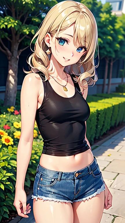 A girl is posing for a photo,pretty girl,Enchanting girl,Anime Girls,
(((One Girl,16 years o 

((Mini skirt denim shorts,  Revealing tank top、Black sneakers))、Earrings、Fancy Necklace、Black nail polish、
BREAK 

((Matte gold hair)), ((Side Tail Hair、Shaggy Hair:1.4、Wavy Hair、Curly hair))、
(Drooping eyes,blue eyes),(Small breasts),
BREAK 

(Beautiful Hair,Shiny Hair),
(Expression of fine eyes,Beautiful and delicate eyes,Sparkling eyes,Eye Reflexes),
(double eyelid,Long eyelashes),
(Beautiful Nose,Thin Nose),
(Glossy lips,Beautiful Lips,Thick lips),
(Symmetrical facial features,Perfect Face),(((Detailed skin,Oily skin,Textured skin,Beautiful Skin))),
BREAK 

(Wicked Smile),
((noon、garden:1.4、squirt、grass)),((Dynamic Pose、Hand on chin、Face the viewer、Cowboy Shot)),
BREAK 

(((highest quality)),((masterpiece)),((Very detailed))),((High resolution),(8k),(16k,1080p),(Anime 2D Rendering)),(Anatomically correct),
((Realistic)), (The best CG),Highly detailed art,CG illustration,
