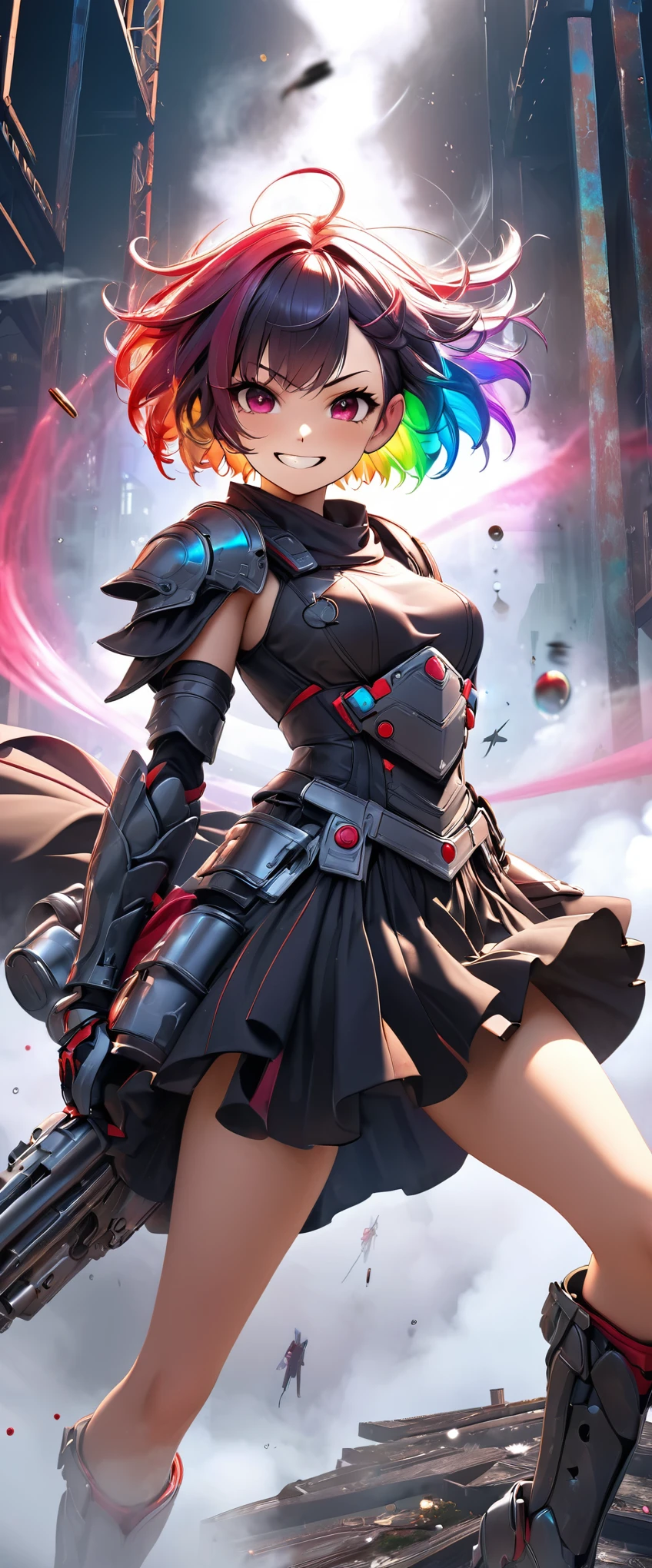 best quality, super fine, 16k, incredibly absurdres, extremely detailed, 3D, delicate and dynamic, ruthless, cool and beautiful female warrior, shining iridescent clairvoyance, rainbow-colored messy wavy short hair, captivating look, aroused expression, teasing smile, grin, lewd smile, heavy armor, heavy beam gun, ominous aura swirls effects, background abandoned city, big red full moon, exposed steel beams, flying glass, sparks, smoke, fog, eerie atmospheric colors, slow-motion effects, dark fantasy