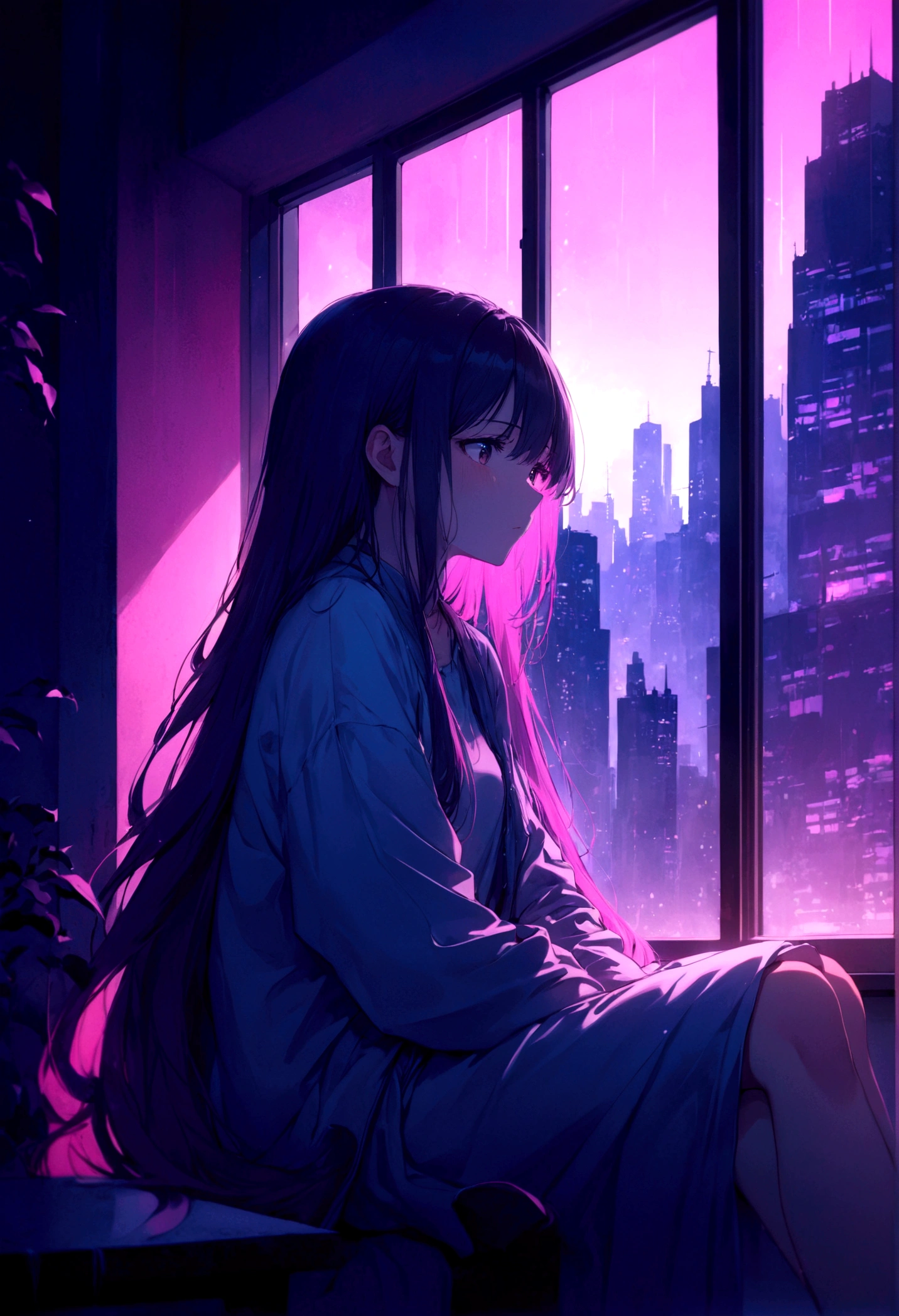 Anime girl sitting on a window sill looking at the city, Anime Style 4k, 4KAnime Wallpaper, Anime Wallpaper 4k, Anime Wallpaper 4k, anime art wallpaper 4k, Anime Art Wallpapers 8K, anime art wallpaper 4k, 4K Manga Wallpapers, Ilya Kuvshinov with long hair, Lo-fi portrait by the window, Anime Wallpaper,Frustrated face,Tears spill out