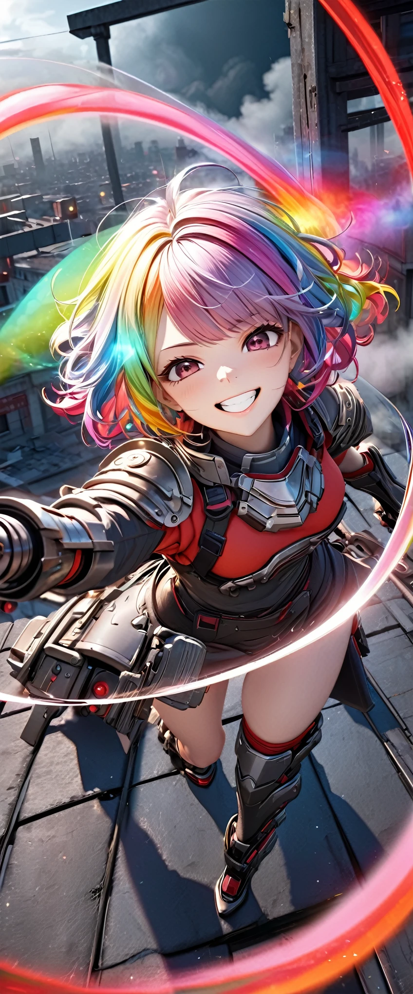 from above, best quality, super fine, 16k, incredibly absurdres, extremely detailed, 3D, delicate and dynamic, ruthless, cool and beautiful female warrior, shining iridescent clairvoyance, rainbow-colored messy wavy short hair, captivating look, aroused expression, teasing smile, grin, lewd smile, heavy armor, heavy beam gun, ominous aura swirls effects, background rooftop abandoned city, big red full moon, exposed steel beams, flying glass, sparks, smoke, fog, eerie atmospheric colors, slow-motion effects, dark fantasy