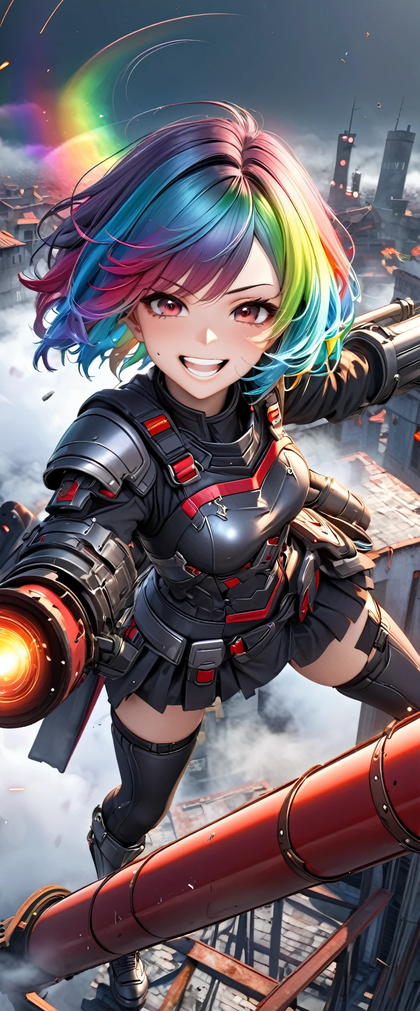from above, best quality, super fine, 16k, incredibly absurdres, extremely detailed, 3D, delicate and dynamic, ruthless, cool and beautiful female warrior, shining iridescent clairvoyance, rainbow-colored messy wavy short hair, captivating look, aroused expression, teasing smile, grin, lewd smile, heavy armor, heavy beam gun, ominous aura swirls effects, background rooftop abandoned city, big red full moon, exposed steel beams, flying glass, sparks, smoke, fog, eerie atmospheric colors, slow-motion effects, dark fantasy