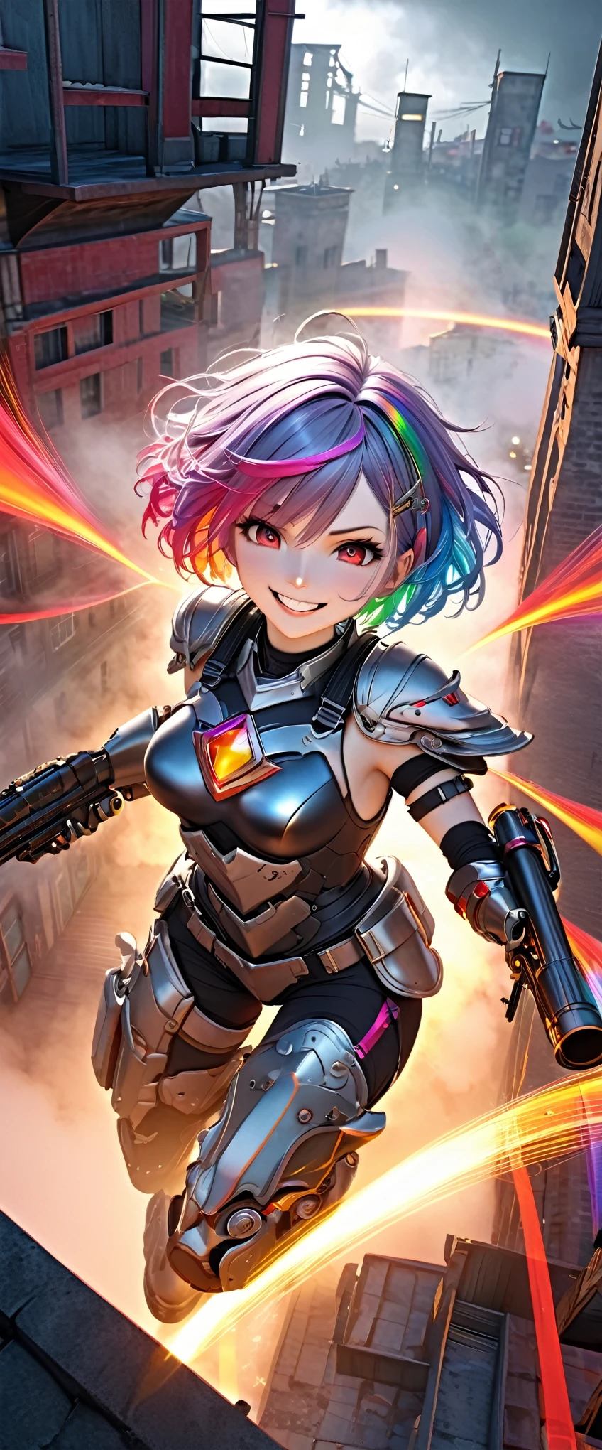 from above, best quality, super fine, 16k, incredibly absurdres, extremely detailed, 3D, delicate and dynamic, ruthless, cool and beautiful female warrior, shining iridescent clairvoyance, rainbow-colored messy wavy short hair, captivating look, aroused expression, teasing smile, grin, lewd smile, heavy armor, heavy beam gun, ominous aura swirls effects, background rooftop abandoned city, big red full moon, exposed steel beams, flying glass, sparks, smoke, fog, eerie atmospheric colors, slow-motion effects, dark fantasy