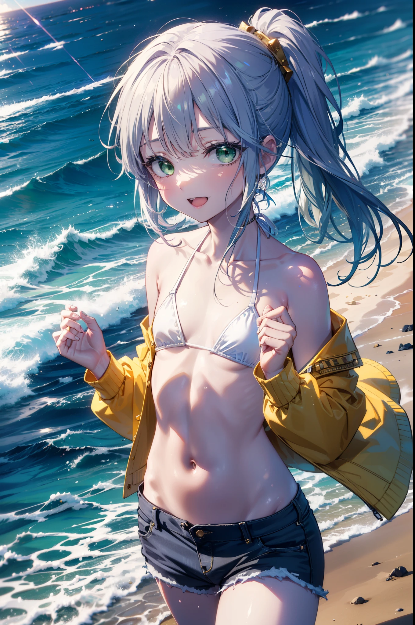 index, index, (Green Eyes:1.5), Silver Hair, Long Hair, (Flat Chest:1.2),happy smile, smile, Open your mouth,White Bikini Swimsuit,Short denim,barefoot,barefoot,ponytail,
壊す looking at viewer, whole body,(Cowboy Shot:1. 5)
Destroy outdoors, Sandy Beach,beach
break (masterpiece:1.2), highest quality, High resolution, unity 8k wallpaper, (figure:0.8), (Beautiful fine details:1.6), Highly detailed face, Perfect lighting, Highly detailed CG, (Perfect hands, Perfect Anatomy),