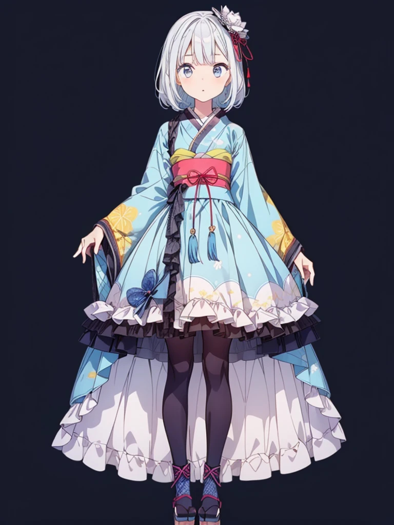 (((1girl)))、Star Fairy、vtuber-fullbody、(((highest quality、Masterpiece、The best composition、Golden Ratio、Official Art、Super detailed、Super detailedな目)))、ultra detailed, from front, headshot、 blue and white hair color、Short bangs above eyebrows、Short Hair、Standing in front of the viewer、A galaxy patterned outfit made from a remake of kimono and gothic lolita, with dark blue and light blue as the main colors.、mini skirt、The sleeves are long and the hands are hidden、Knee-high boots、Pure white simple background、