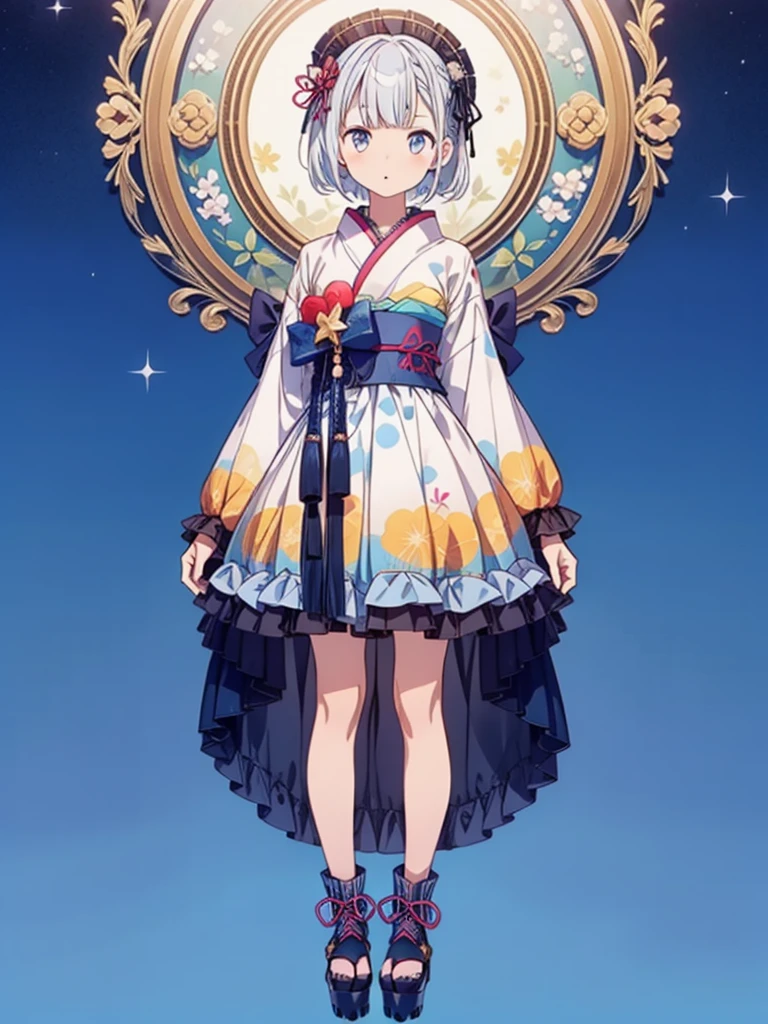 (((1girl)))、Star Fairy、vtuber-fullbody、(((highest quality、Masterpiece、The best composition、Golden Ratio、Official Art、Super detailed、Super detailedな目)))、ultra detailed, from front, headshot、 blue and white hair color、Short bangs above eyebrows、Short Hair、Standing in front of the viewer、A galaxy patterned outfit made from a remake of kimono and gothic lolita, with dark blue and light blue as the main colors.、mini skirt、The sleeves are long and the hands are hidden、Knee-high boots、Pure white simple background、