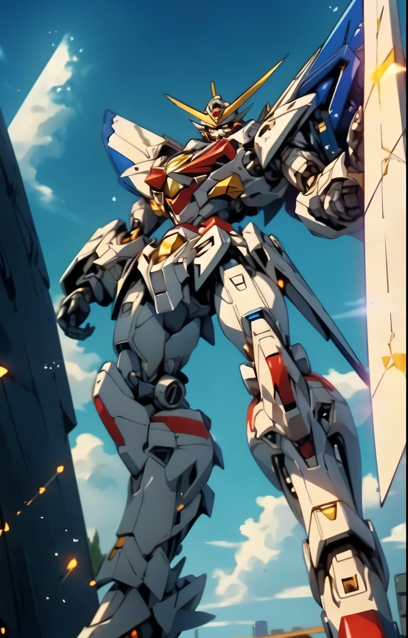 Humanoid Mecha, fully enclosed shoulder guards, matching arm and leg guards, full body, full armor, super robot, the design balances heavy with agility, (the color scheme is primarily white with red and blue accents, the concept Inspired by super robot, Lion concept chest armor, pose, standing, floating high above the futuristic sci-fi city), exquisite and mature art style, (aura effect, energy, glowing eyes, the armor glows), ((SRS)), metallic, dramatic, high definition, best quality, highres, ultra-detailed, ultra-fine painting, extremely delicate, professional, perfect body proportions, anatomically correct, symmetrical face, extremely detailed eyes and face, high quality eyes, creativity, RAW photo, UHD, 32k, Natural light, cinematic lighting, masterpiece-anatomy-perfect, masterpiece:1.5