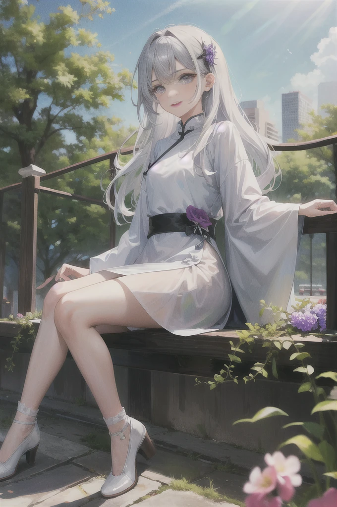 masterpiece, Excellent, daytime, outdoor, Falling Flowers, Branches, China人, China, 1 girl, Perfect Woman, Woman with long silver hair, Gray blue eyes, Light pink lips, Serious, ,Purple Eyes, White clothes, , Delicate face, Delicate face, Sitting Legs, Smile