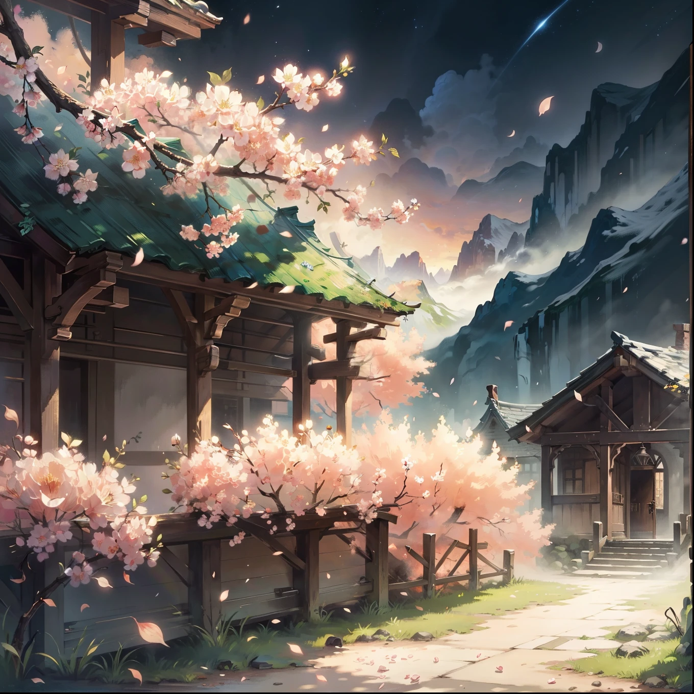 The original,(Implications:1.1),(Best quality),(masterpiece:1.1),(Extremely detailed CG Unity 8K wallpaper),(a color:1.2),peach,Peach blossom petals,landscape