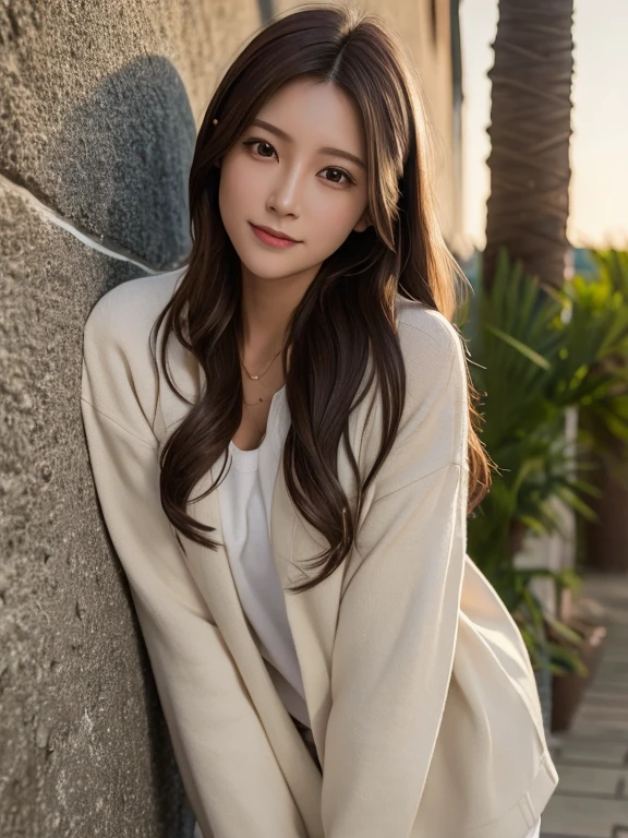 masterpiece, highest quality, High resolution,alone,Brown,artistic,Best lighting,Casual clothing,Flat Chest,Beautiful Face,expensive,smile,light makeup,Age 26,Calm woman,Detailed Hair,Laughing woman,Face Focus,Wavy Hair,Very white skin,Thin eyebrows,Woman wearing a jacket,outside,night,Background Bokashi,illumination,Leaning against the wall