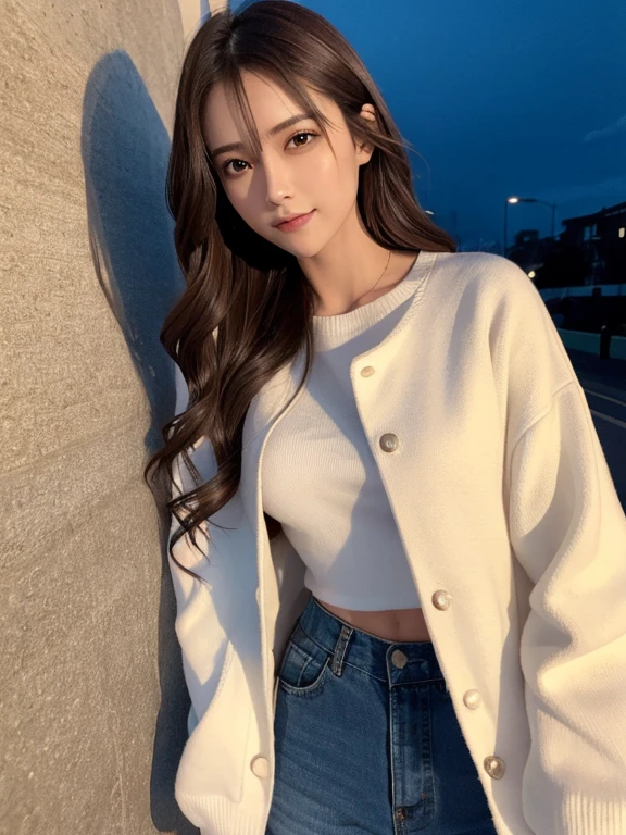 masterpiece, highest quality, High resolution,alone,Brown,artistic,Best lighting,Casual clothing,Flat Chest,Beautiful Face,expensive,smile,light makeup,Age 26,Calm woman,Detailed Hair,Laughing woman,Face Focus,Wavy Hair,Very white skin,Thin eyebrows,Woman wearing a jacket,outside,night,Background Bokashi,illumination,Leaning against the wall