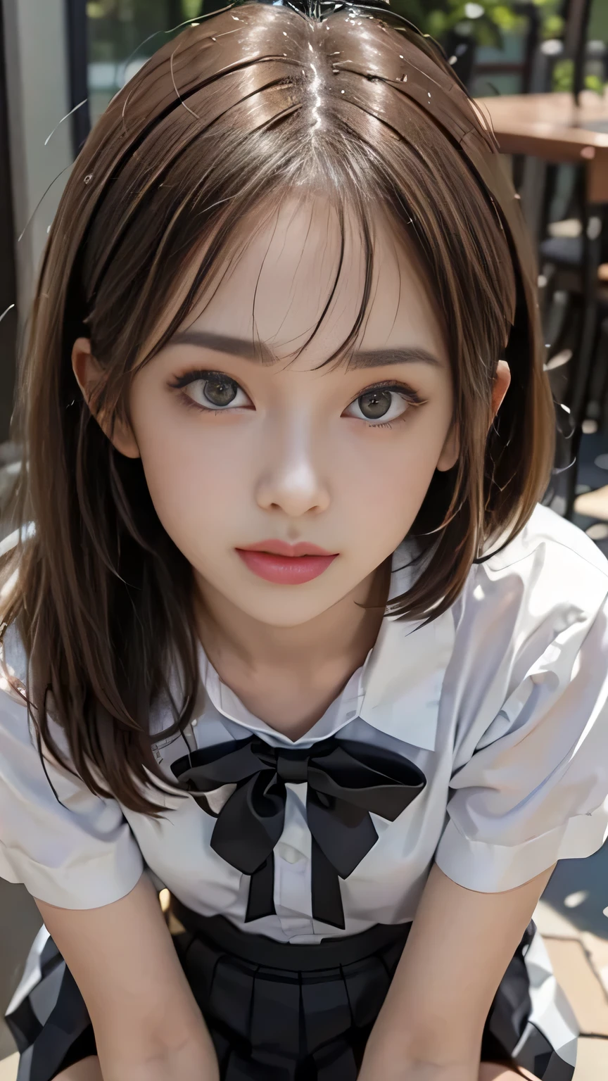 (Close-up:1.4)、(RAW shooting:1.2)、(Photorealistic:1.4)、(masterpiece:1.3)、(highest quality:1.4)、One Girl、(Slender and beautiful girl)、View Viewer、Cute Face、Shiny skin、(short hair:1.5、Bobcut:1.4、Brown Hair)、(Medium breast:1.6、Beautiful thighs)、Beautiful Hair、The most beautiful face in the world、Small Face Beauty、Golden Ratio、Beautiful detailed eyes、Beautiful body、Beautiful feet、Beautiful fingers、Collared shirt、Pleated mini skirt、Checkered bow tie))、(Beautiful views)、School、(squat)、(Looking up)、Spread your legs、Front view、(From below:1.3)、Hips are visible、Down to the toes、loafers、from the front、squat、Crotch close-up、Hug your feet、from the front、Flip up the skirt、、Underwear is visible、White underwear、