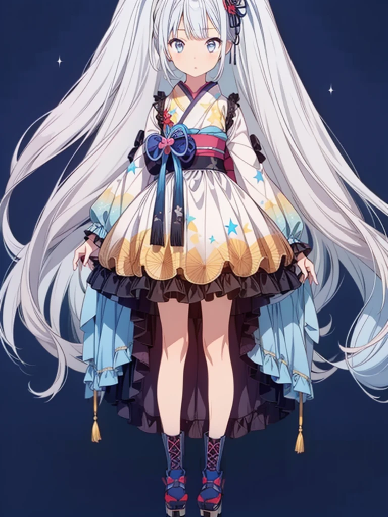 (((1girl)))、Star Fairy、vtuber-fullbody、(((highest quality、Masterpiece、The best composition、Golden Ratio、Official Art、Super detailed、Super detailedな目)))、ultra detailed, from front, headshot、 blue and white hair color、Short bangs above eyebrows、Short Hair、Standing in front of the viewer、A galaxy patterned outfit made from a remake of kimono and gothic lolita, with dark blue and light blue as the main colors.、mini skirt、The sleeves are long and the hands are hidden、Knee-high boots、Pure white simple background、