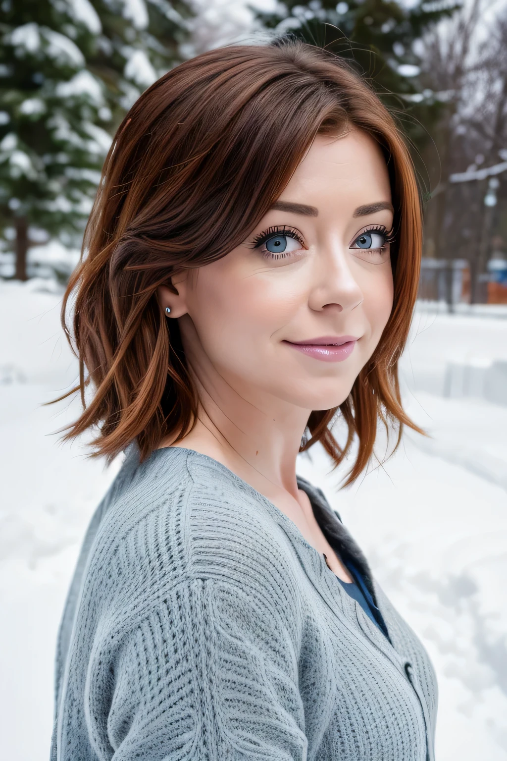 Alyson Hannigan, 25 Jahre alt, sehr edel, dressed to go to the oFFice, beautiFul eyes, Flirting with the camera, ruFFled lip, Gorgeous hair, Flirty, bilden, outside, winter, Schnee, 135mm, Kanon, F/16, UHD, Anatomisch korrekt, Meisterwerk, Strukturierte Haut, Super Detail, hohe Details, good quality, highres, 8k, Anatomisch korrekt, perFect anatomy, close up of the face, front view, hands on the air, hair to the back , look direct in camera