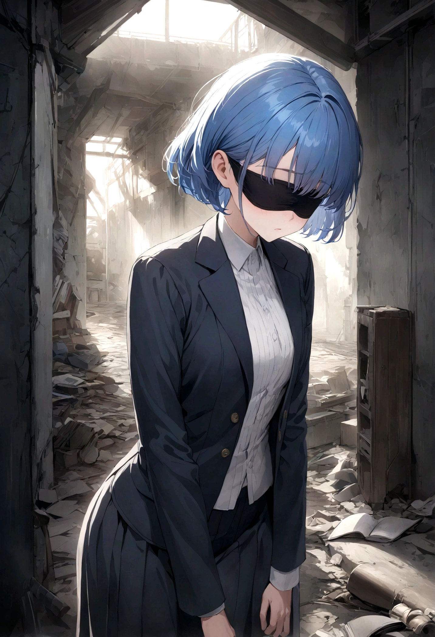 Cloth, Cover your eyes,
用丝带Cover your eyes, ((Not blindfolded,))black, black透明裙子,Long blue hair,In an abandoned factory, dark,
Album，Art Books, game_CG, realistic, photo, real,
, masterpiece, best quality,short hair，Cold