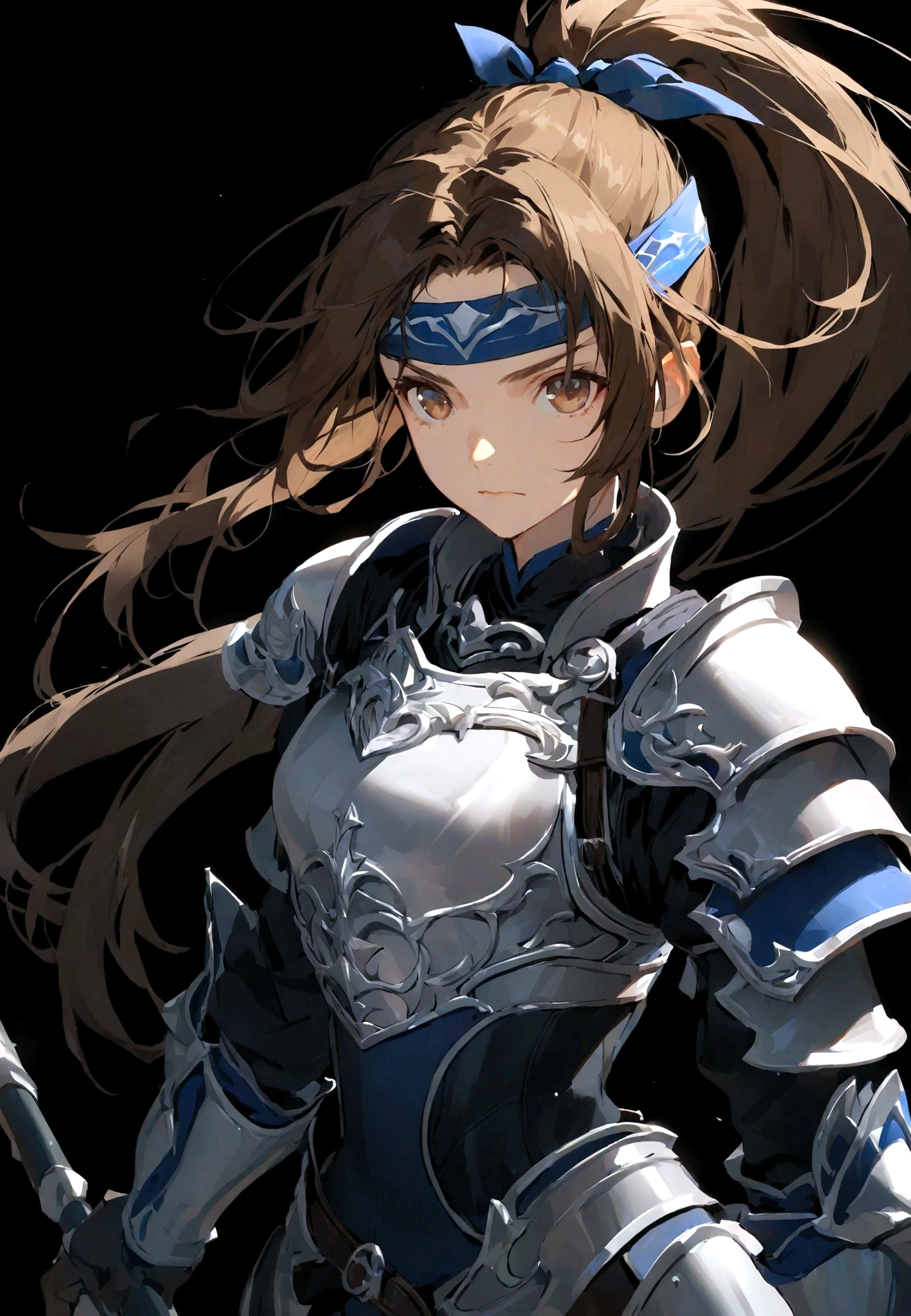 solo, long hair, looking at viewer, simple background, brown hair, 1girl, holding, brown eyes, ponytail, weapon, male focus, holding weapon, armor, headband, polearm, black background, shoulder armor, pauldrons, breastplate