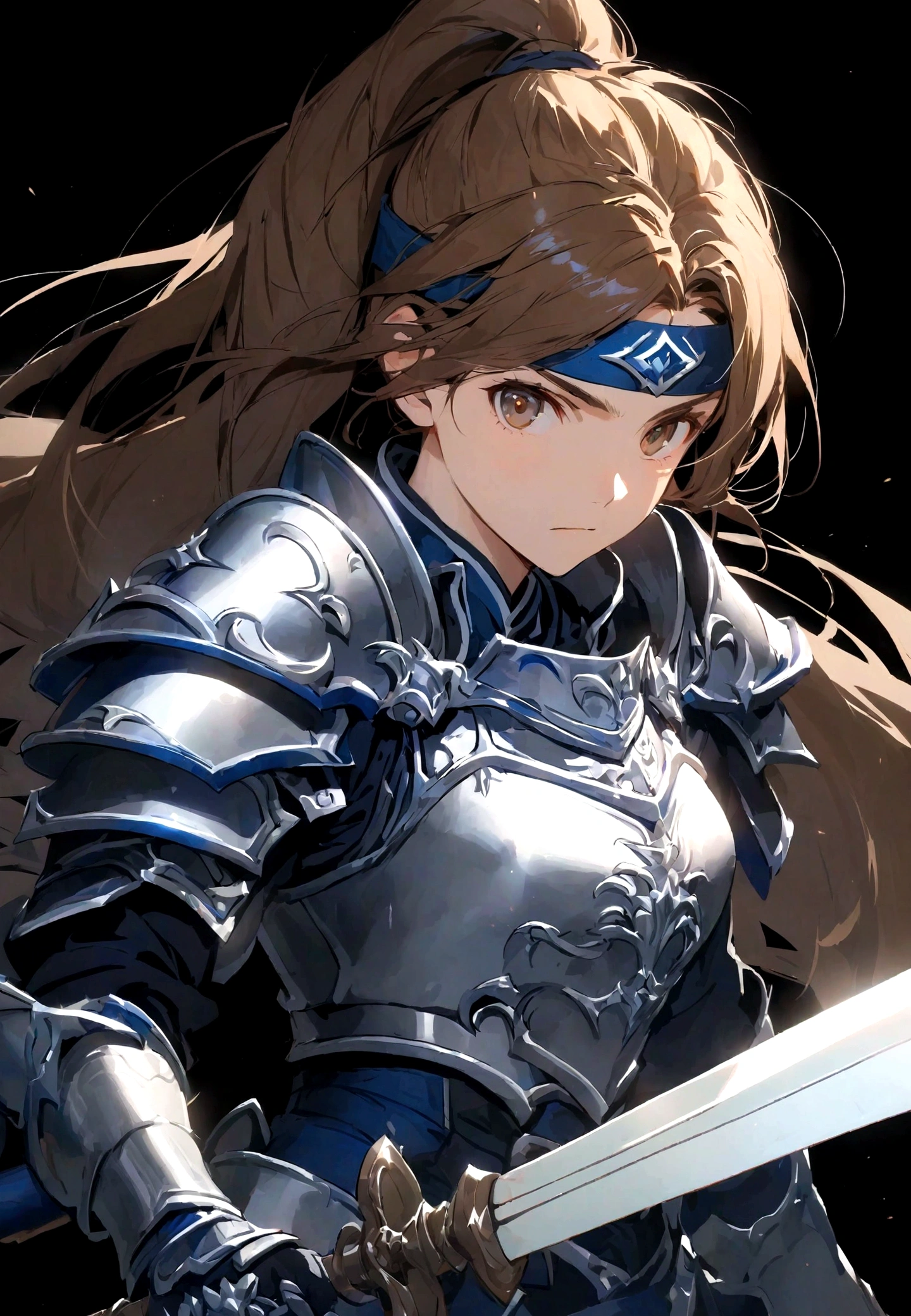 solo, long hair, looking at viewer, simple background, brown hair, 1girl, holding, brown eyes, ponytail, weapon, male focus, holding weapon, armor, headband, polearm, black background, shoulder armor, pauldrons, breastplate
