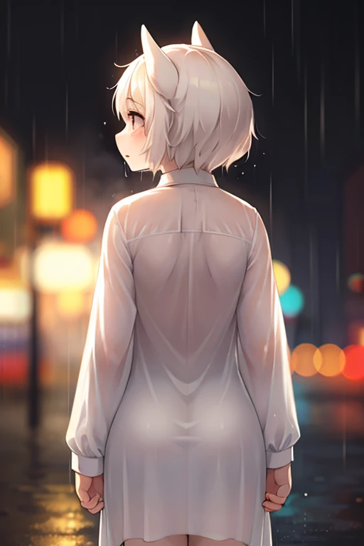 Hallucination, daydream , bokeh , back view , heavy rain , dripping wet body , (Long white blouse)
