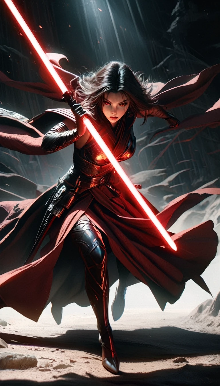 (full body shot:1.4), female warrior, sith lord, star wars, red lightsaber, intricate details,beautiful detailed eyes, beautiful detailed lips, extremely detailed face, long eyelashes,  dramatic lighting, dark fantasy, chiaroscuro, cinematic composition, dramatic pose, dynamic action, moody atmosphere, deep shadows, vibrant colors, photorealistic, 8k, masterpiece