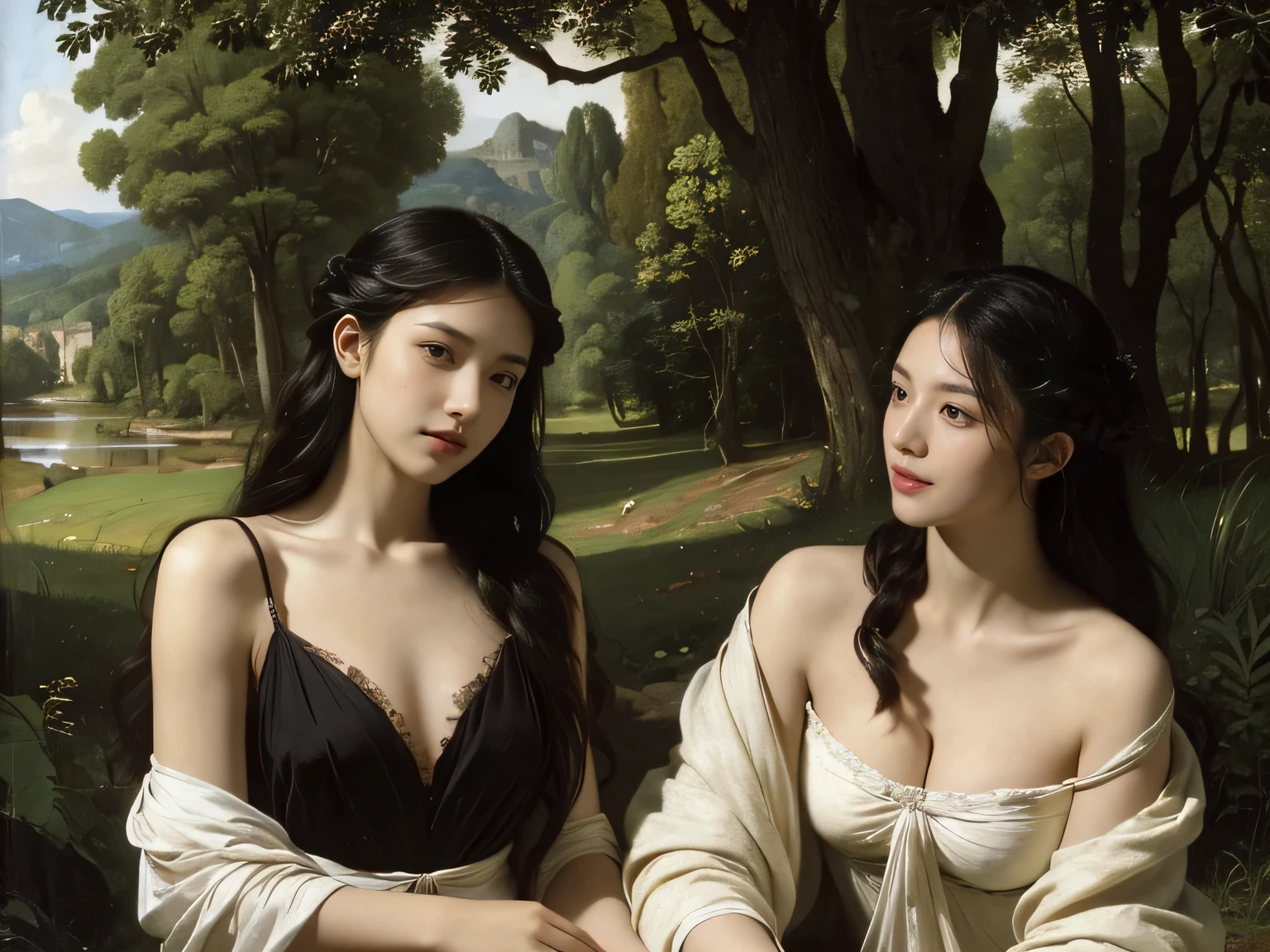 Giorgione painting style,Barbizon forest A beautiful woman in Greek dress smiles on the shore,Sweet and seductive appearance.、Caravaggio's paintings、Chiaroscuro of Caravaggio、hair tousled by the wind,Two women frolicking,cute smile, expression of ecstasy,Sexy,erotic, full body portrait