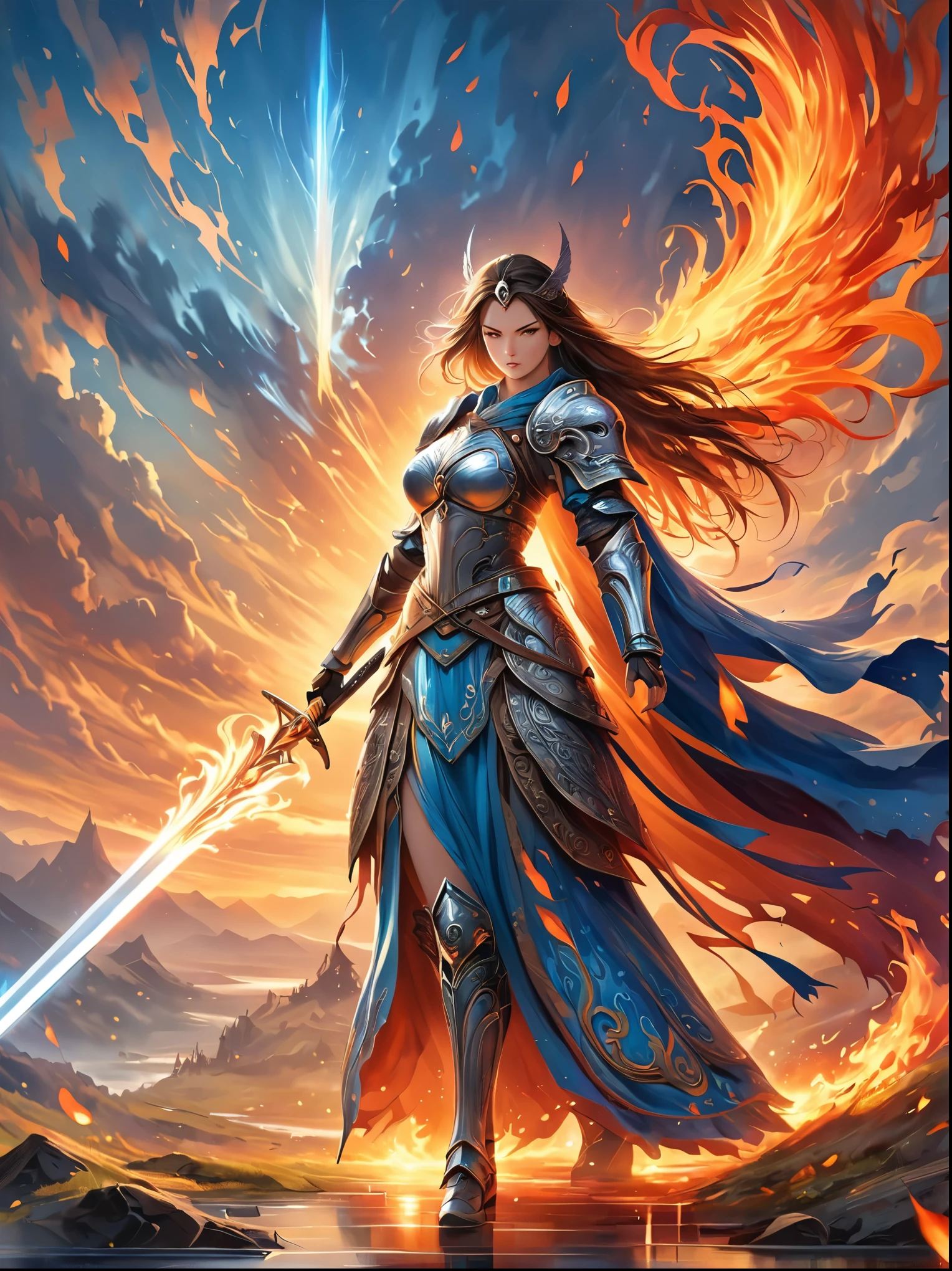 Depict an intense and thrilling high fantasy scene. In the center, envision an intrepid female warrior, clad in ornate silver armor reflecting the dying light of the setting sun. Her face is a mask of fierce determination and her eyes glow with an azure light. She's wielding a massive flaming sword, the fire crackling and dancing wildly around the blade. Surround this warrior with swirling shapes, vibrant rushes of color, and smoky shadow, suggesting a vast, chaotic battlefield. The style should be abstract, with elements blurring and interweaving in a dreamlike manner, evoking an ethereal and mesmerizing atmosphere.