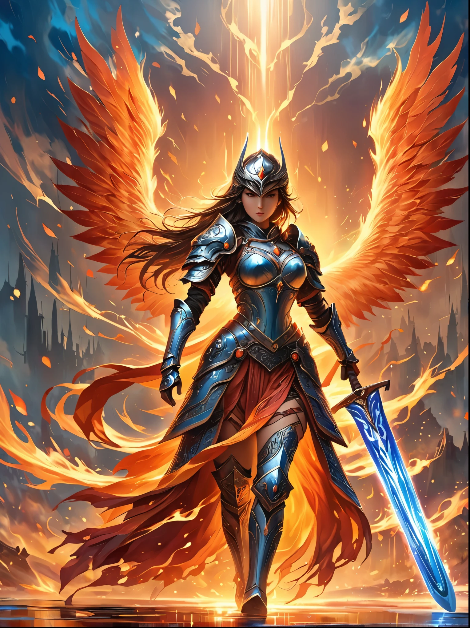 Depict an intense and thrilling high fantasy scene. In the center, envision an intrepid female warrior, clad in ornate silver armor reflecting the dying light of the setting sun. Her face is a mask of fierce determination and her eyes glow with an azure light. She's wielding a massive flaming sword, the fire crackling and dancing wildly around the blade. Surround this warrior with swirling shapes, vibrant rushes of color, and smoky shadow, suggesting a vast, chaotic battlefield. The style should be abstract, with elements blurring and interweaving in a dreamlike manner, evoking an ethereal and mesmerizing atmosphere.