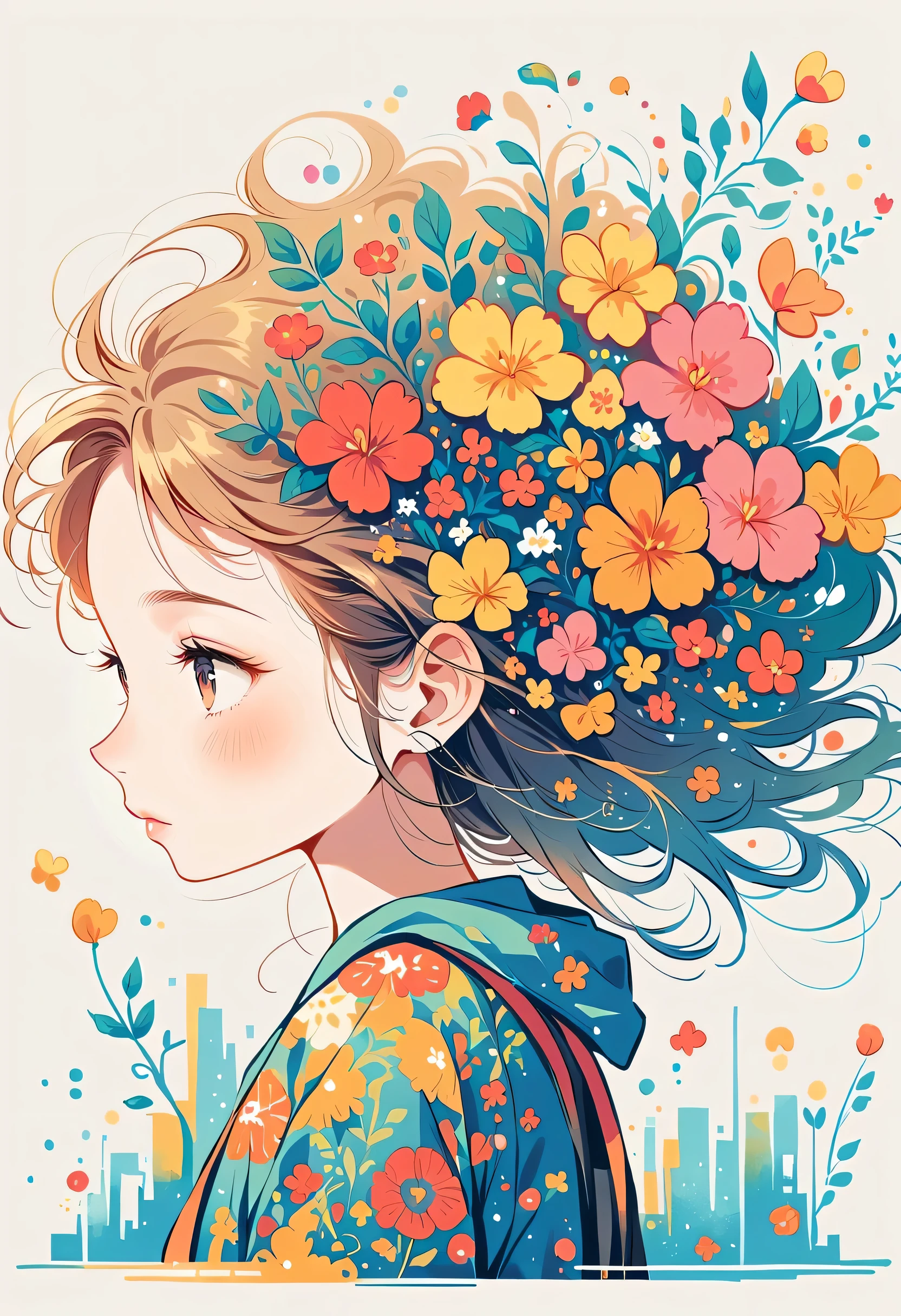 Fujichoco style, Standing in front of a high wall,Girl with backpack on rooftop,My backpack is full of happy spring,Simple Line Initialism,Abstract art,Urban Background, (((The most beautiful girl))),
