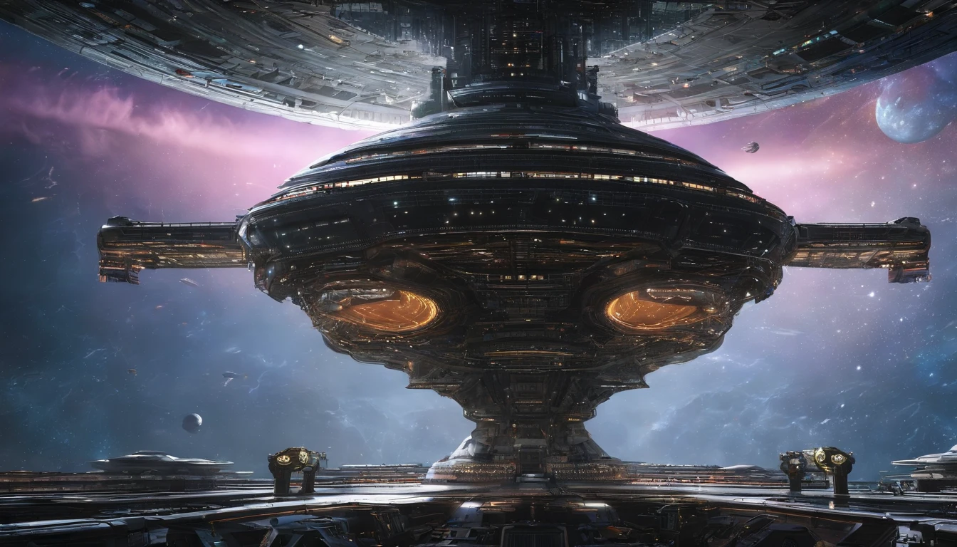 Extremely realistic scene. Steampunk castle mashing up a 1974 Winnebago, 25% of a Babylon 5 station, 25% of a Star Trek Deep Space 9, and a cylindrical base, 100,000 sq ft hybrid planet, with metallic green, luminescent sky blue accents, melds into a Saturn-size-Earth hybrid, Larry Niven, Arthur C Clarke.The space station is massively bigger than Babylon 5, but in the shape of Deep Space 9. The space station has 6 O'Neal Class space stations off in 5 different equilateral directions, & 1 down the middle. It's a man made planet/space station. There are thousands s of starships going to & fro, from the station, at any hour of the day. The station is in the center of the foreground. There are many stars, a nebula, and a comet, in the background. (((Use the following styles:conceptual art, protovision,3d render, architecture, portrait photography, cinematic, diamond crystal, Leonardo Da Vinci, Arthur C. Clarke, &Larry Niven))). (((150k HD Resolution, isometric art, insane symmetrical details, psychedelicpunk,))).