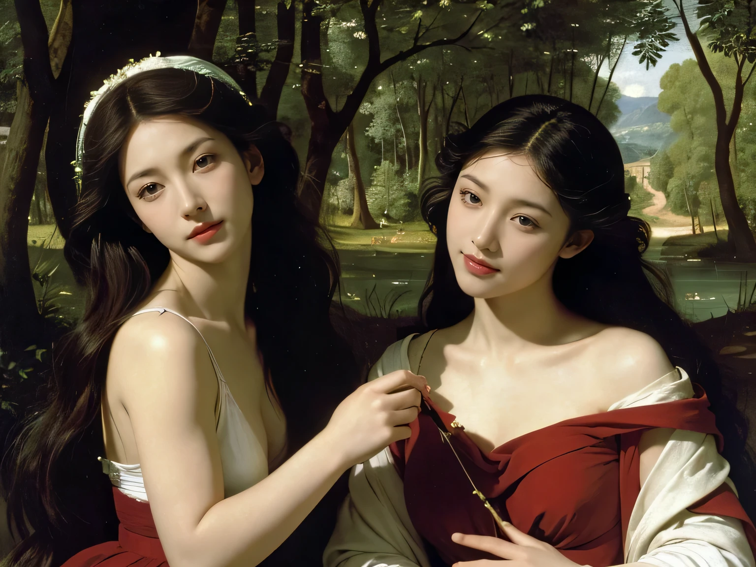 Giorgione painting style,Barbizon forest A beautiful woman in Greek dress smiles on the shore,Sweet and seductive appearance.、Caravaggio's paintings、Chiaroscuro of Caravaggio、hair tousled by the wind,Two women frolicking,cute smile, expression of ecstasy,Sexy,erotic, full body portrait