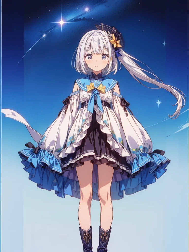 (((1girl)))、starの妖精、vtuber-fullbody、(((highest quality、Masterpiece、The best composition、Golden Ratio、Official Art、Super detailed、Super detailedな目)))、ultra detailed, from front, headshot、 blue and white hair color、Short bangs above eyebrows、Short Hair、Standing in front of the viewer、着物とゴスロリをリメイクしたMilky Way柄の洋服で濃紺と水色を基調にした色、mini skirt、The sleeves are long and the hands are hidden、Knee-high boots、Pure white simple background、star、流star群、Milky Way、