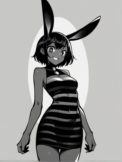 score_9, score_8_up, score_7_up, score_6_up, score_5_up, score_4_up, source_anime, BREAK
(VibriPXL,black dress, dress, black skin, rabbit ears, gem eyes,solo, , slim,solo,monochrome, greyscale,sleeveless, striped dress,short dress,smile,skin tight dress