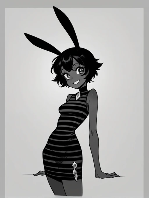 score_9, score_8_up, score_7_up, score_6_up, score_5_up, score_4_up, source_anime, BREAK
(VibriPXL,black dress, dress, black skin, rabbit ears, gem eyes,solo, , slim,solo,monochrome, greyscale,sleeveless, striped dress,short dress,smile,skin tight dress