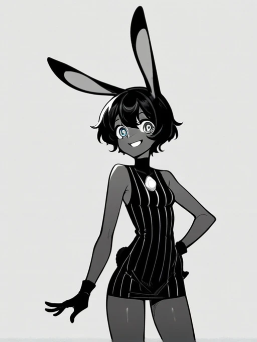 score_9, score_8_up, score_7_up, score_6_up, score_5_up, score_4_up, source_anime, BREAK
(VibriPXL,black dress, dress, black skin, rabbit ears, gem eyes,solo, , slim,solo,monochrome, greyscale,sleeveless, striped dress,short dress,smile,skin tight dress