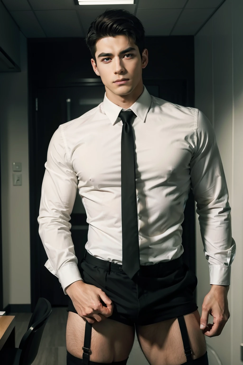 A captivating visual representation of an attractive Caucasian man in his twenties, with a chiseled face and intricately detailed eyes that radiate intensity. His thick eyebrows pair beautifully with his serious expression, while his clean-shaven face adds an air of maturity. He is wearing a crisp dress shirt, neatly tied tie, and a suggestive garter belt and garter strap, peeking out from under the hem of his shirt. His muscular physique is accentuated by a dynamic pose, showcasing his big pectorals and thick thighs. The office area is bathed in cinematic lighting, creating an alluring contrast against the lingerie he wears,