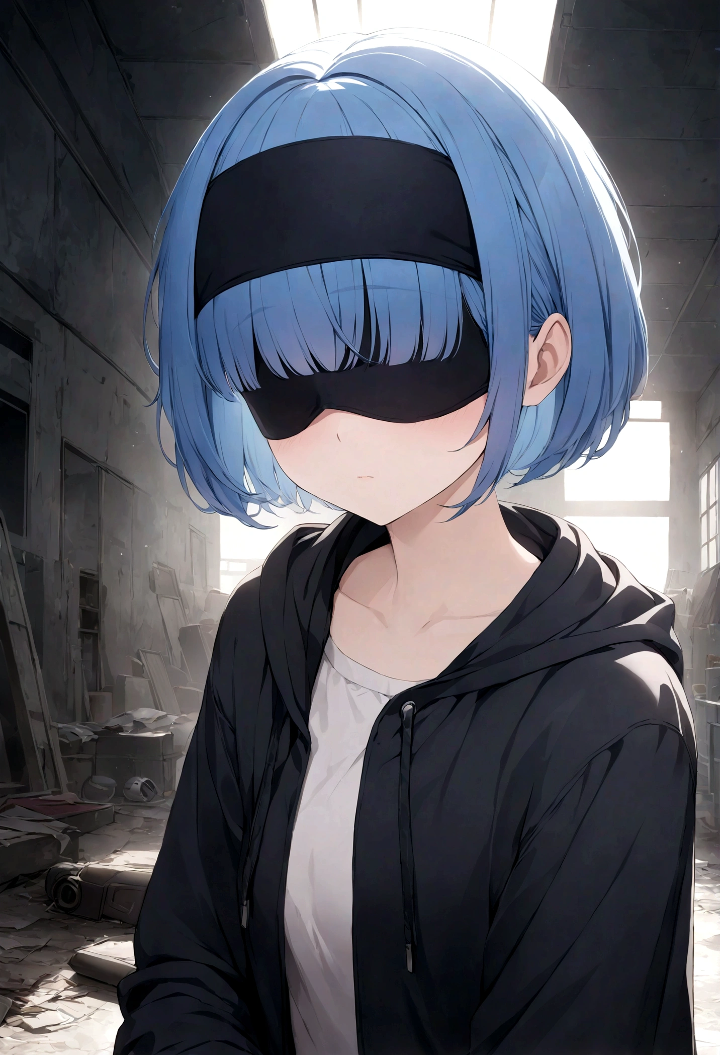 Cloth, Cover your eyes,
用丝带Cover your eyes, ((Not blindfolded,))black, black透明裙子,Long blue hair,In an abandoned factory, dark,
Album，Art Books, game_CG, realistic, photo, real,
, masterpiece, best quality,short hair，cool